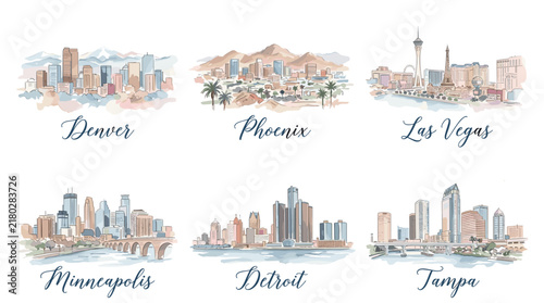 Colorful World City Skyline Illustration Set with Denver Phoenix Las Vegas Minneapolis Detroit and Taipei Urban Travel Landmarks on White Background