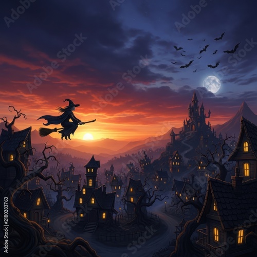Witch flying on broomstick at sunset over forest