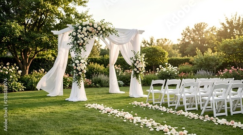 Outdoor wedding ceremony setup featuring white wooden arch decorated with floral arrangements, sheer drapes, and rows of white folding chairs on a green garden lawn at sunset.