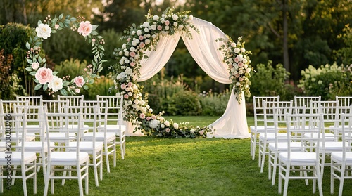 Outdoor wedding ceremony setup featuring a circular floral arch with white and pink roses, sheer fabric drapes, and white wooden chairs arranged on a green lawn during golden hour.