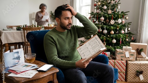 Stressed young man holding holiday planning notebook and sitting in armchair near decorated Christmas tree with family member and gifts in background.