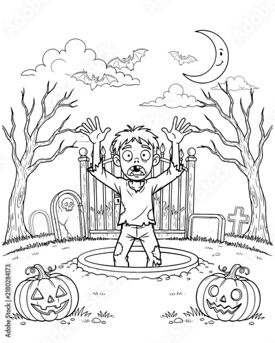 Halloween coloring page featuring a zombie rising from a grave at night spooky night full moon jack o lantern halloween ghosts creepy trees scary graveyard