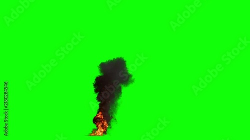 Side View of Tiny Oil Fire with Tall Flames in varying Orange and Dense Smoke Plume with fast Dissipation on perfect Green Background