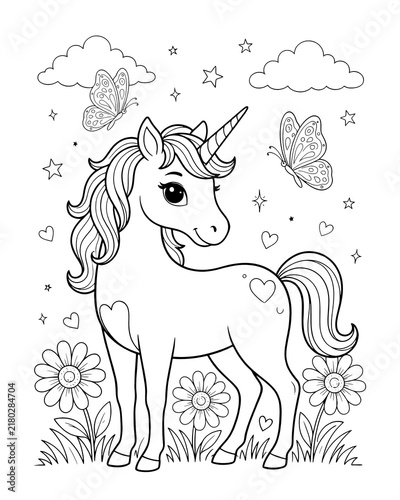 Magical unicorn coloring page surrounded by butterflies flowers stars and fluffy clouds with cute unicorn stars background kids activity coloring book