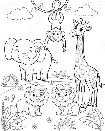 Cute safari animals coloring page featuring an elephant giraffe lions and a hanging monkey tall giraffe baby lions zoo animals wild animals line art