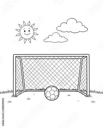 Soccer goal with football on grass under smiling sun and clouds coloring page sport field grass pitch sports activity kids sports line art black and white