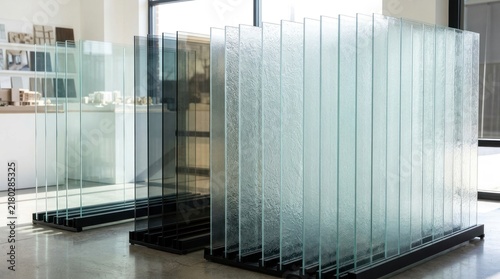 Industrial storage racks holding many large sheets of transparent glass in a factory.