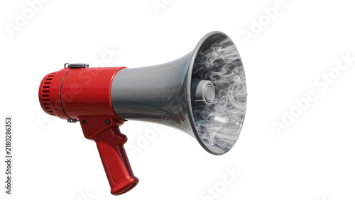 Canvastavla Red and gray megaphone emitting white smoke, isolated on transparent background