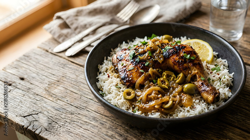 Roasted Chicken Leg with Olives over Rice