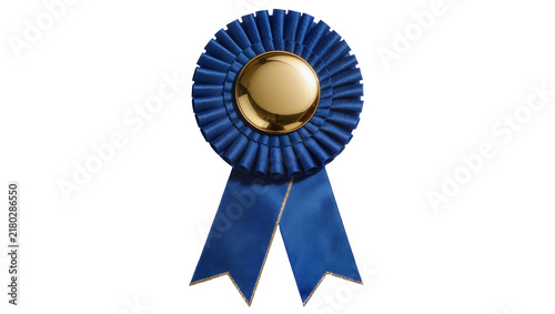 Фотография Blue rosette award ribbon with gold center, isolated on transparent background