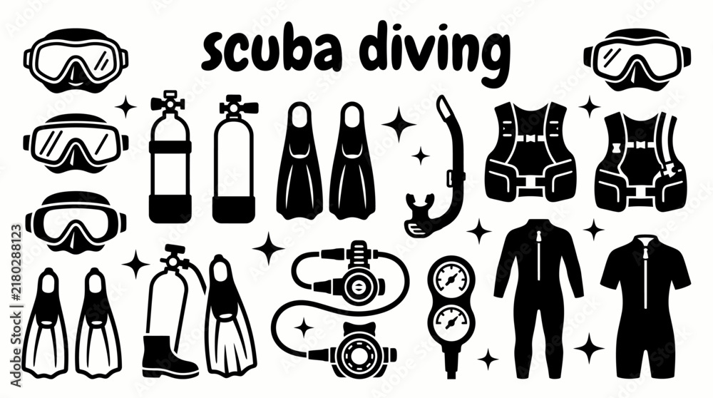Obraz premium scuba diving equipment featuring diving masks oxygen tanks fins snorkels buoyancy control devices regulators underwater gauges wetsuits and safety marine adventures diving schools travel tourism
