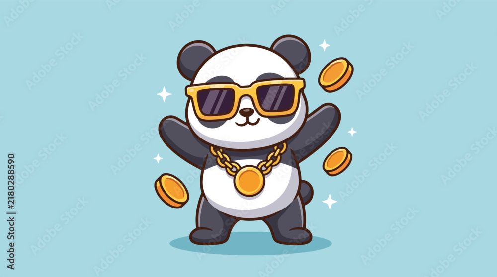 Fototapeta premium Cool cartoon panda character wearing gold sunglasses and a thick gold chain with floating coins.