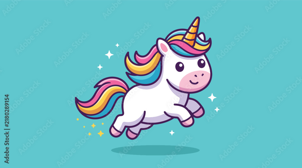 Fototapeta premium Cute cartoon unicorn jumping with colorful rainbow mane and horn illustration.