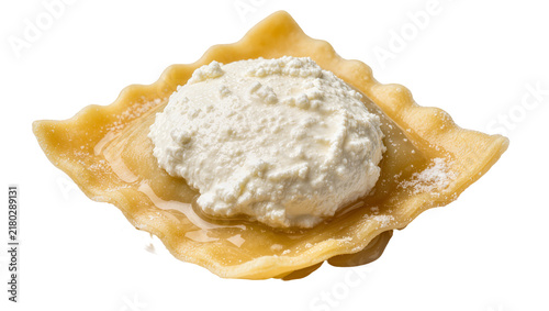 Cuadro en lienzo Golden ravioli filled with creamy ricotta cheese and drizzled with honey, isolat
