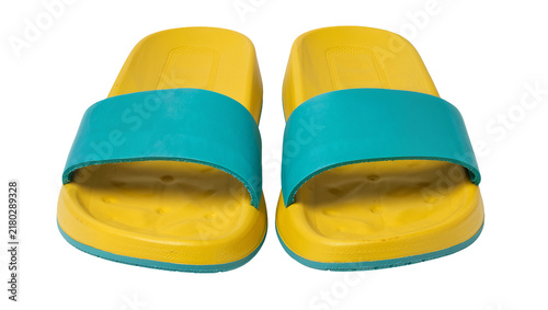 Canvastavla Bright yellow and teal rubber slide sandals, isolated on transparent background