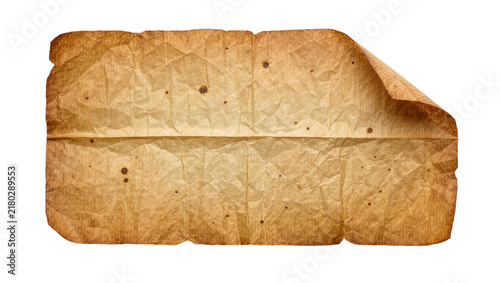 Crinkled aged parchment paper with dark spots, isolated on transparent background