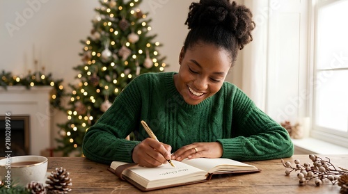 Happy young Black woman in green sweater writing 