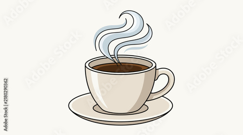 Hand drawn illustration of a steaming cup of hot coffee on a saucer.