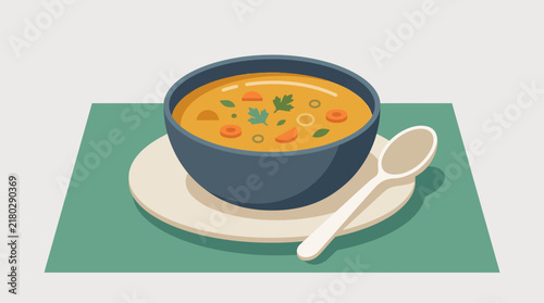 Bowl of hot vegetable soup with a spoon on a plate.