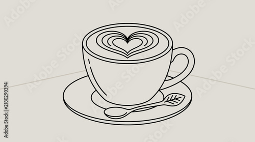 Hand drawn illustration of a coffee cup with heart latte art.