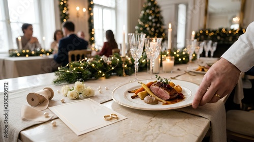 Waiter serving gourmet duck breast dish at a luxury winter wedding reception dinner with festive holiday decorations, blurred guests, candlelight, and elegant table setting.