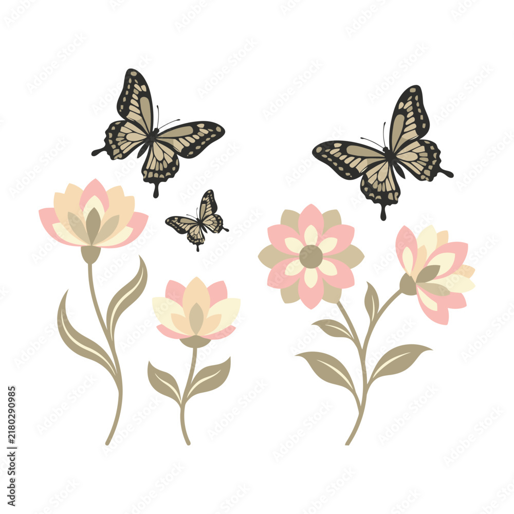 Fototapeta premium Butterflies flying around pink and yellow flowers in garden nature scene