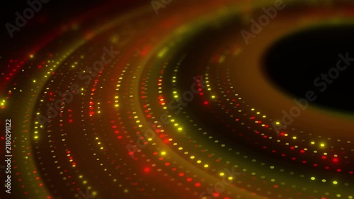 Abstract Red and Gold Glowing Particle Waves Forming Futuristic Digital Tunnel
