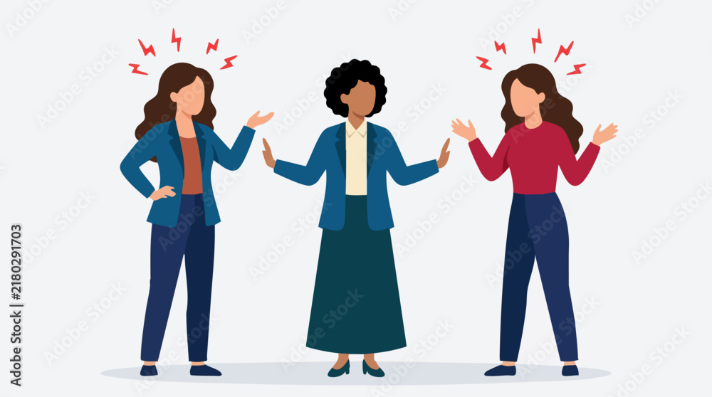 Fototapeta premium Three women in conflict, one mediating argument between two others