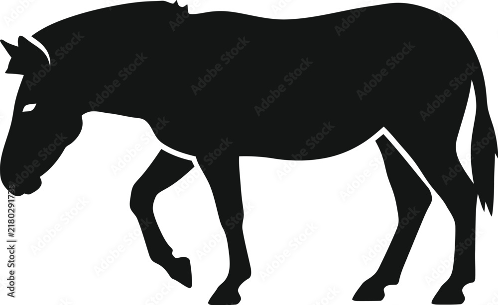 Obraz premium Simple black silhouette of a donkey walking in a classic flat vector illustration style designed with bold clean lines and minimalist shapes for creative art projects displayed on white background