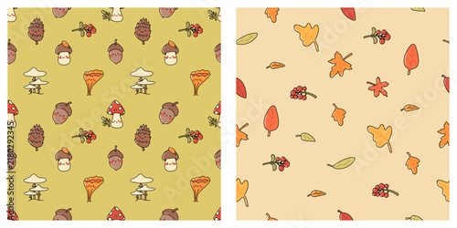 Adorable kawaii autumn seamless vector pattern set featuring cute hand-drawn mushrooms, acorns, pine cones, rowan berries, and falling fall leaves with smiling faces. Simple naive doodle illustration