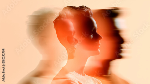 Overlapping profile silhouettes in warm orange gradient with motion blur, surreal abstract concept of identity, thought and human connection.