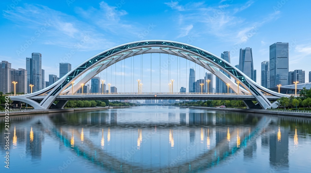 Fototapeta premium Modern arch bridge and city skyline reflecting on water