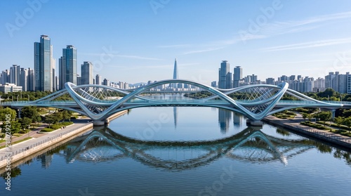 Modern futuristic bridge reflecting over water in Seoul skyline