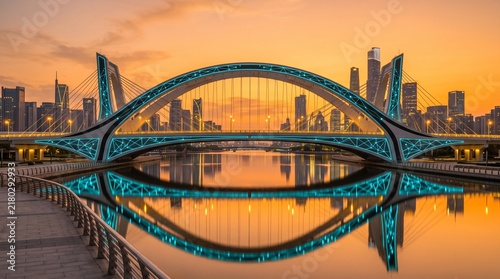 bridge and city skyline reflecting at sunset