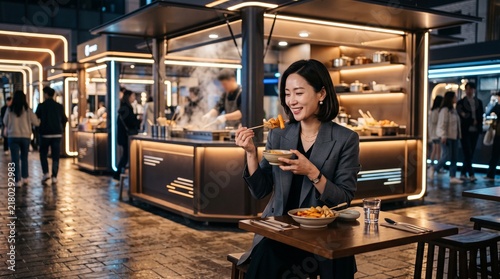 woman eating street food at a modern indoor market counter