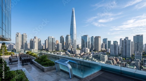 Rooftop terrace overlooking Seoul skyline and Lotte World Tower
