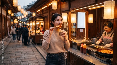 Asian woman enjoying street food at a traditional night market