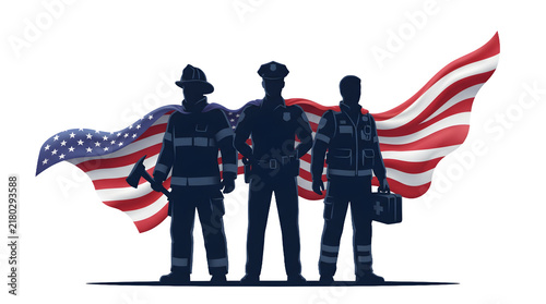 Silhouettes of american first responders including firefighter, police officer, and paramedic with flag isolated on transparent background