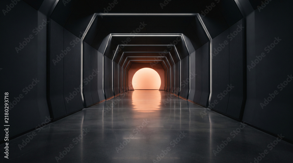 Obraz premium Futuristic hallway with bright light at the end of a dark corridor