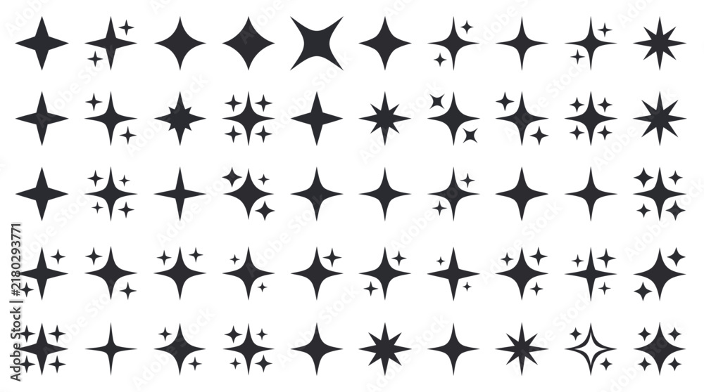 Fototapeta premium Black sparkle and starburst icon collection featuring various minimalist twinkling stars, glints, magic flare shapes, and light bursts isolated on white background