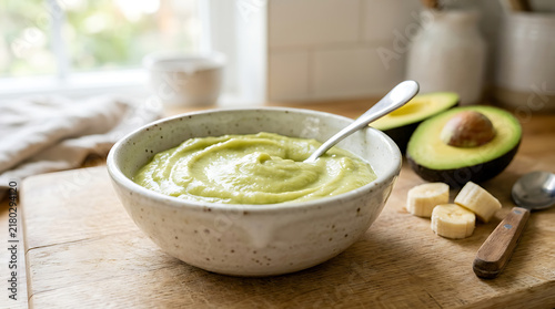 Creamy Green Avocado Banana Puree in Bowl for Healthy Baby Food or Vegan Diet Concepts