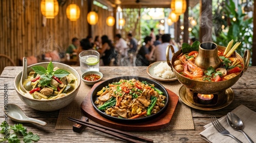 Authentic Thai Dinner Spread Featuring Green Curry Tom Yum Soup and Stir Fried Noodles in a Rustic Restaurant Setting.