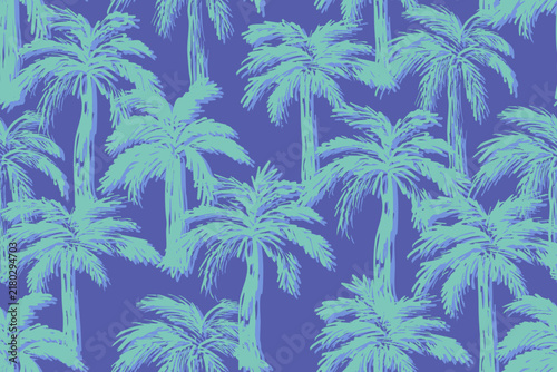 Seamless vector tropical pattern featuring artistic hand-drawn palm trees sketched with expressive ink brush strokes. Cool summer design with layered textured silhouettes in vivid turquoise, cyan