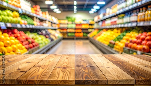 Woman Shopping with Grocery Cart in Supermarket Aisle Surrounded by Food Shelves and Fresh Produce for Everyday Grocery Shopping and Consumer Lifestyle