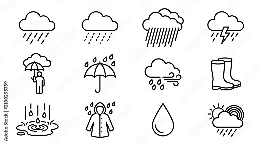 Obraz premium Illustrative Weather Symbols with Rain, Umbrellas, and Rainy Gear.