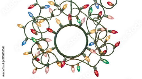 Colorful decorative christmas string lights arranged in a round circle shape