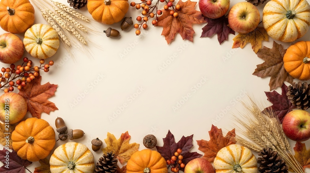 Fototapeta premium Thanksgiving autumn harvest frame with pumpkins and fall leaves
