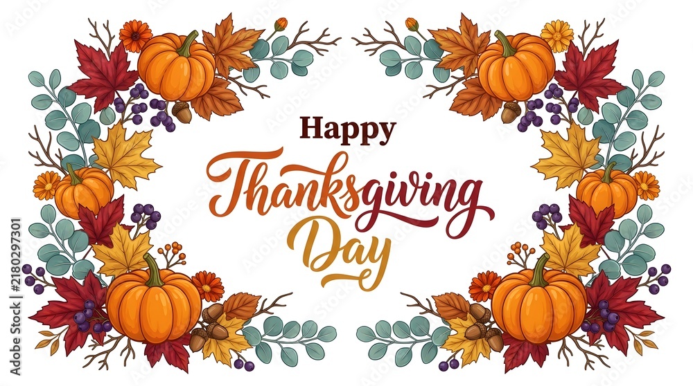 Obraz premium Happy Thanksgiving Day greeting card with autumn floral pumpkin frame