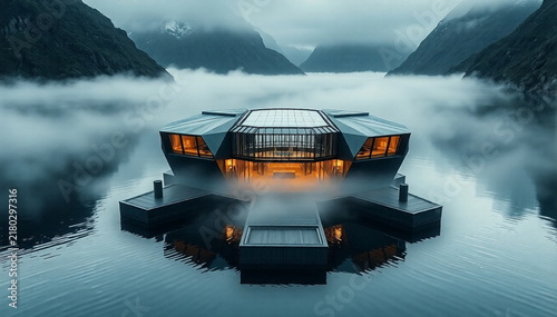 Modern luxury floating villa on a calm mountain lake surrounded by dense morning fog
