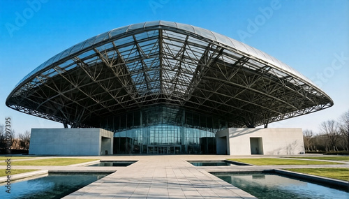 Contemporary convention hall featuring massive steel truss roof structure and decorative reflecting water pools